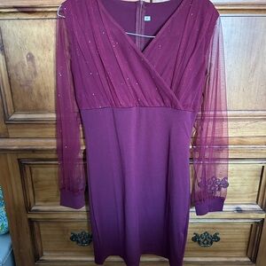Elegant Burgundy Dress with Sheer Sleeves